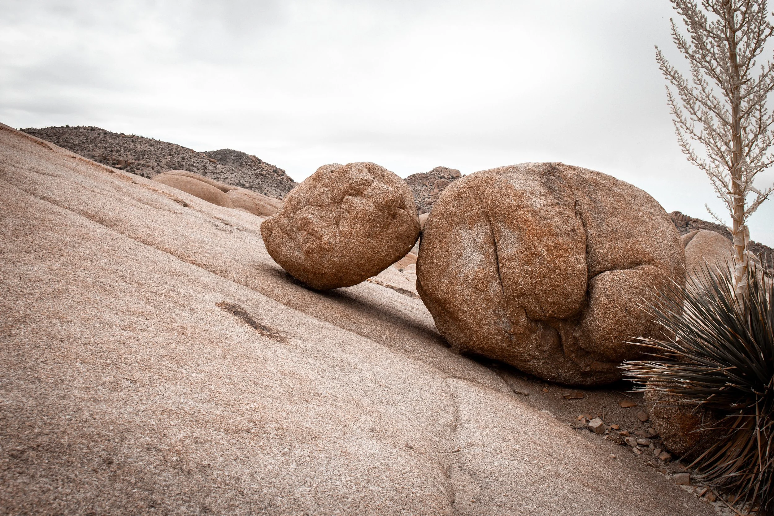 Two large rocks on a sloped desert landscape with sparse vegetation and a cloudy sky.