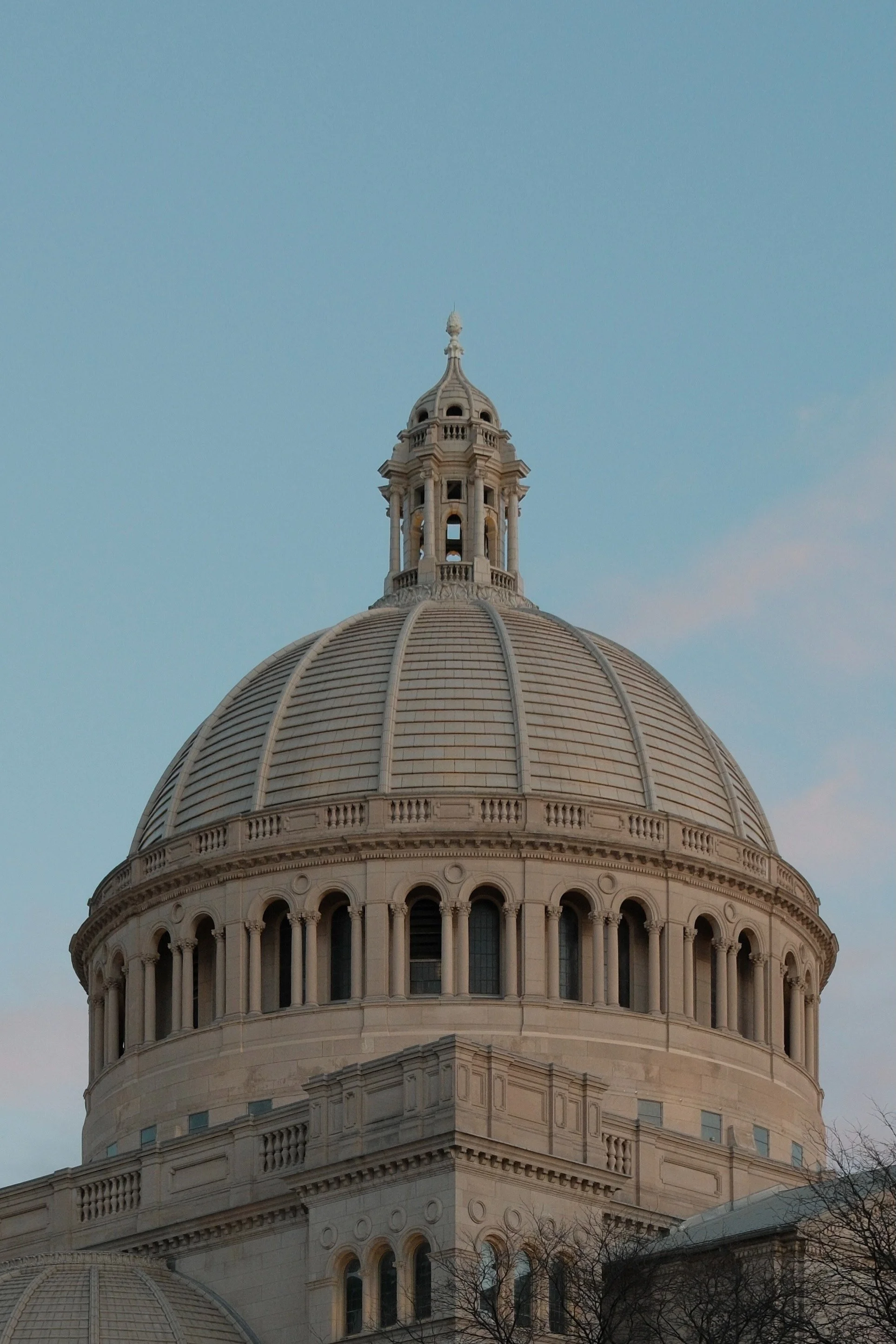 Close-up of the dome and tower of a historic government building, likely the Capitol, against a clear blue sky with some tree branches at the bottom.