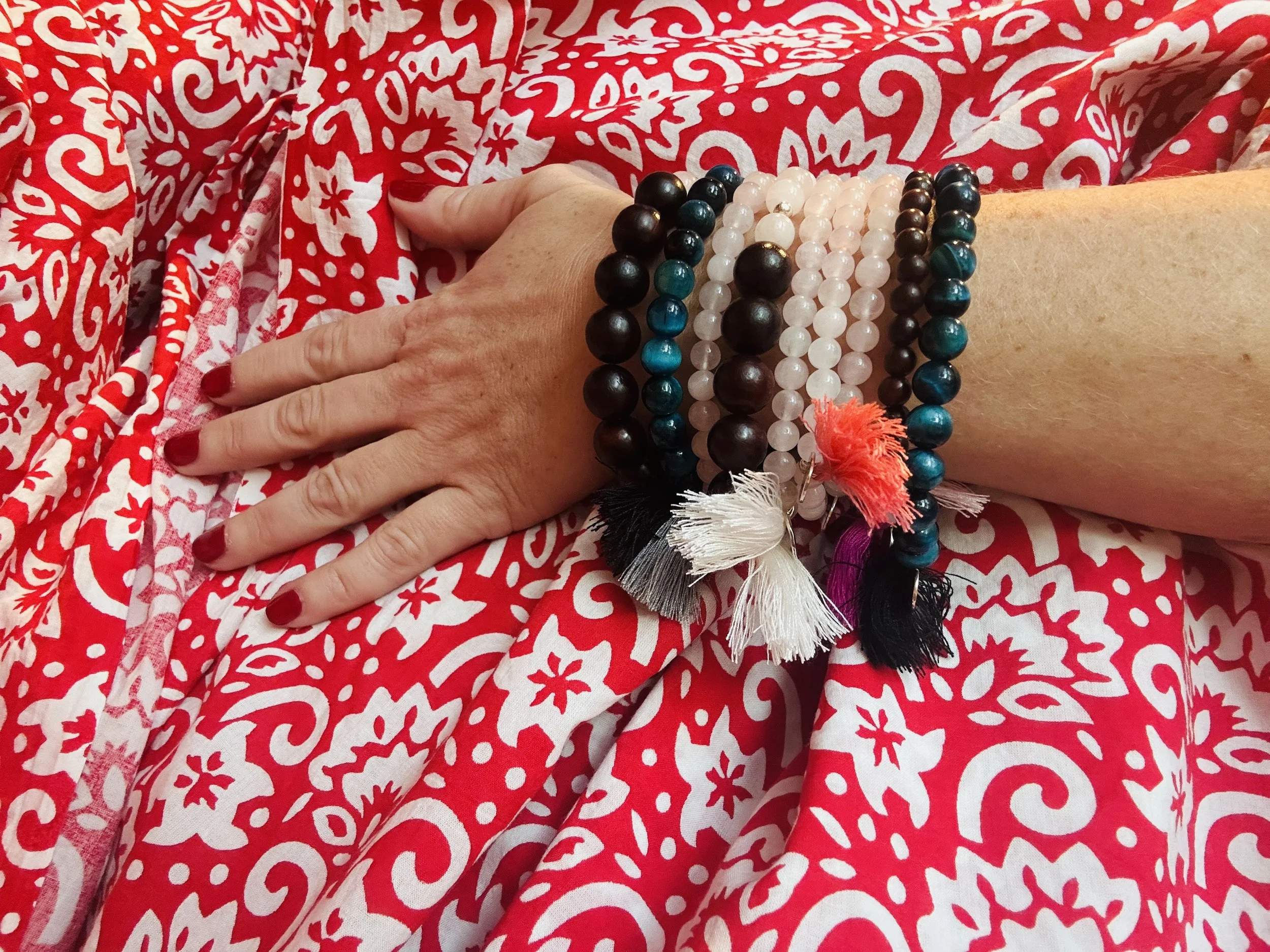 Rose Quartz Bracelets with Sterling Silver PK Yogi Tag and Tassel