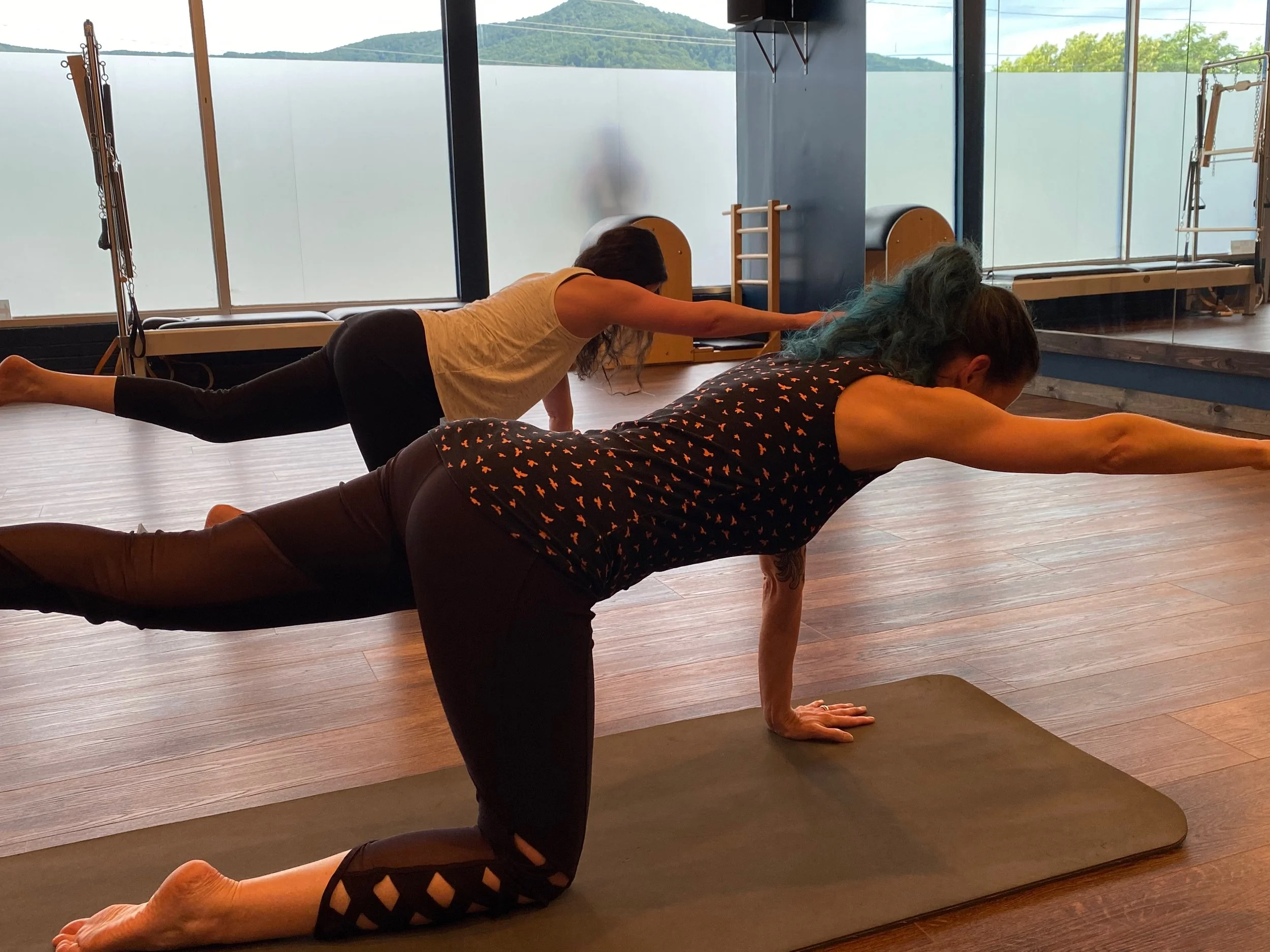 Two women practicing Pilates on mats in a studio with large windows showing an outdoor landscape