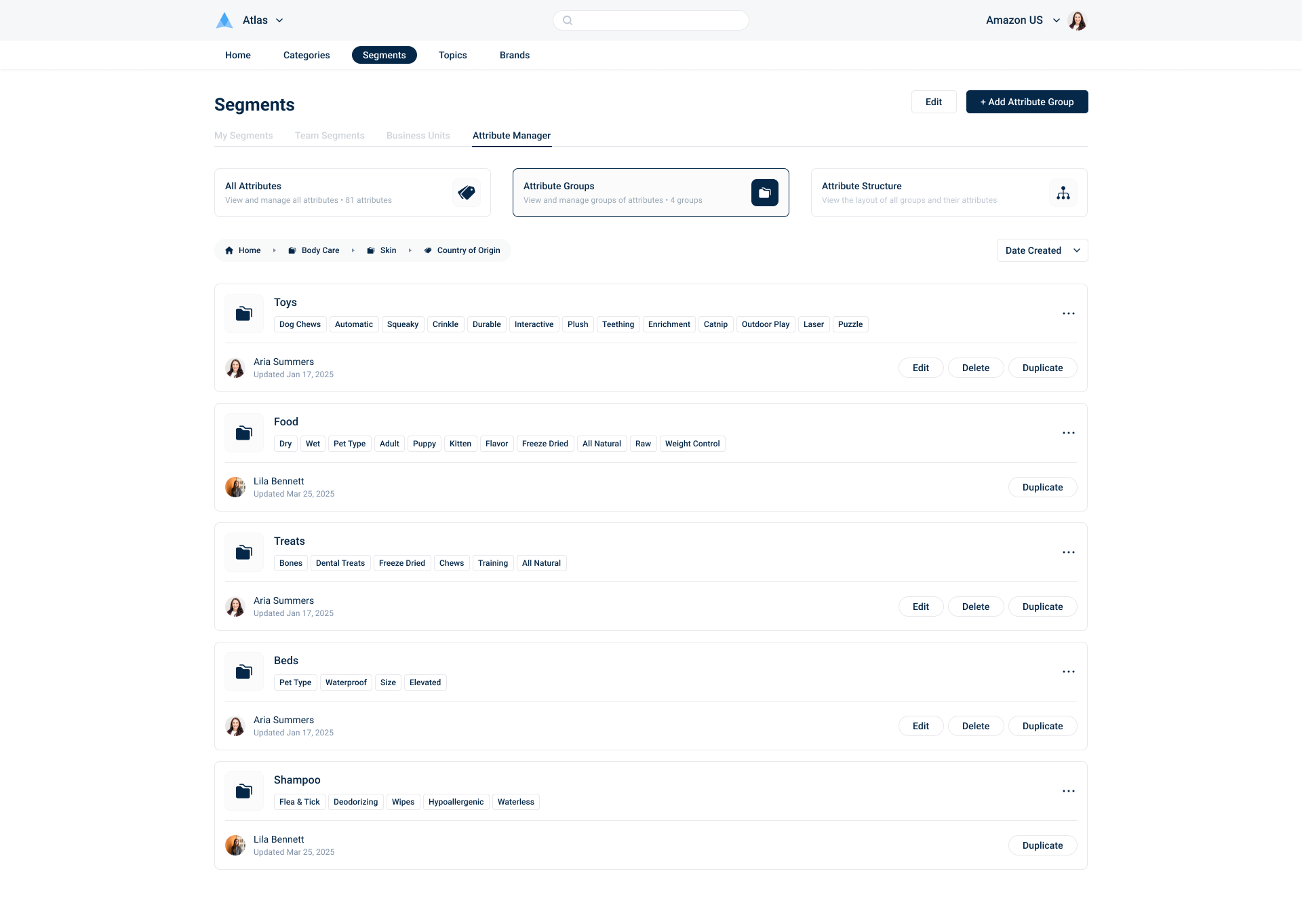 Screenshot of an online platform with tabs labeled Home, Categories, Segments, Topics, Brands, and user profile in the top right. The page shows different attribute groups under Segments, such as Toys, Food, Treats, Beds, and Shampoo, each with assoc