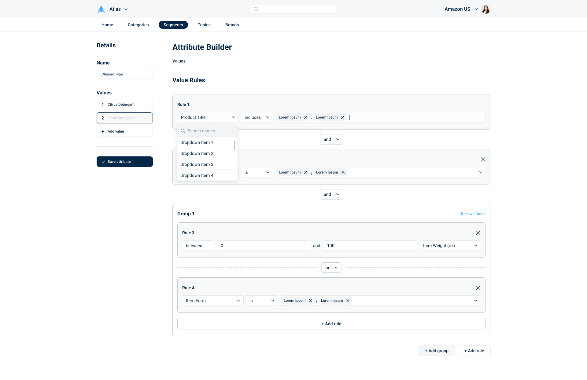 Screenshot of an online product attribute builder interface on Amazon, showing options to add values, rules, and groups for product categories such as Citrus Detergent and Floral Detergent.