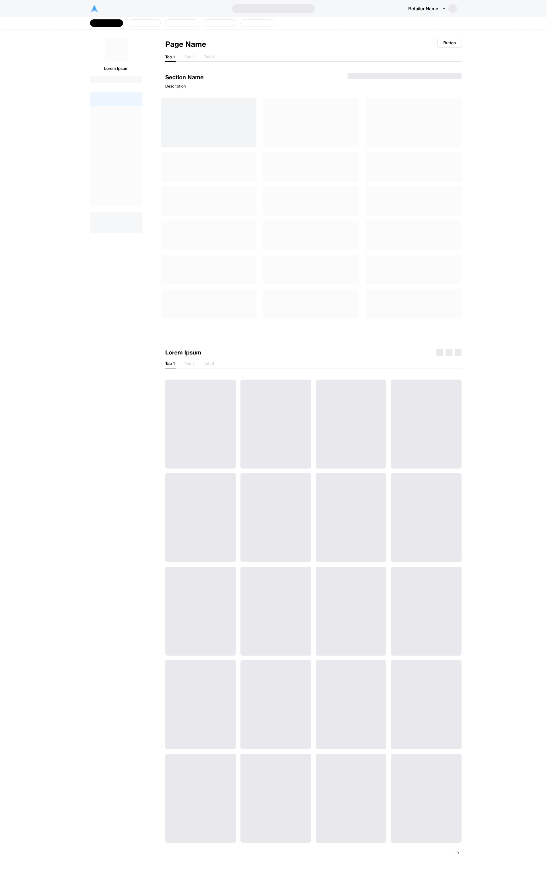 Screenshot of a website with a navigation bar at the top, a sidebar on the left, and a main content area with various sections and tabs, including placeholder text and blank content blocks.