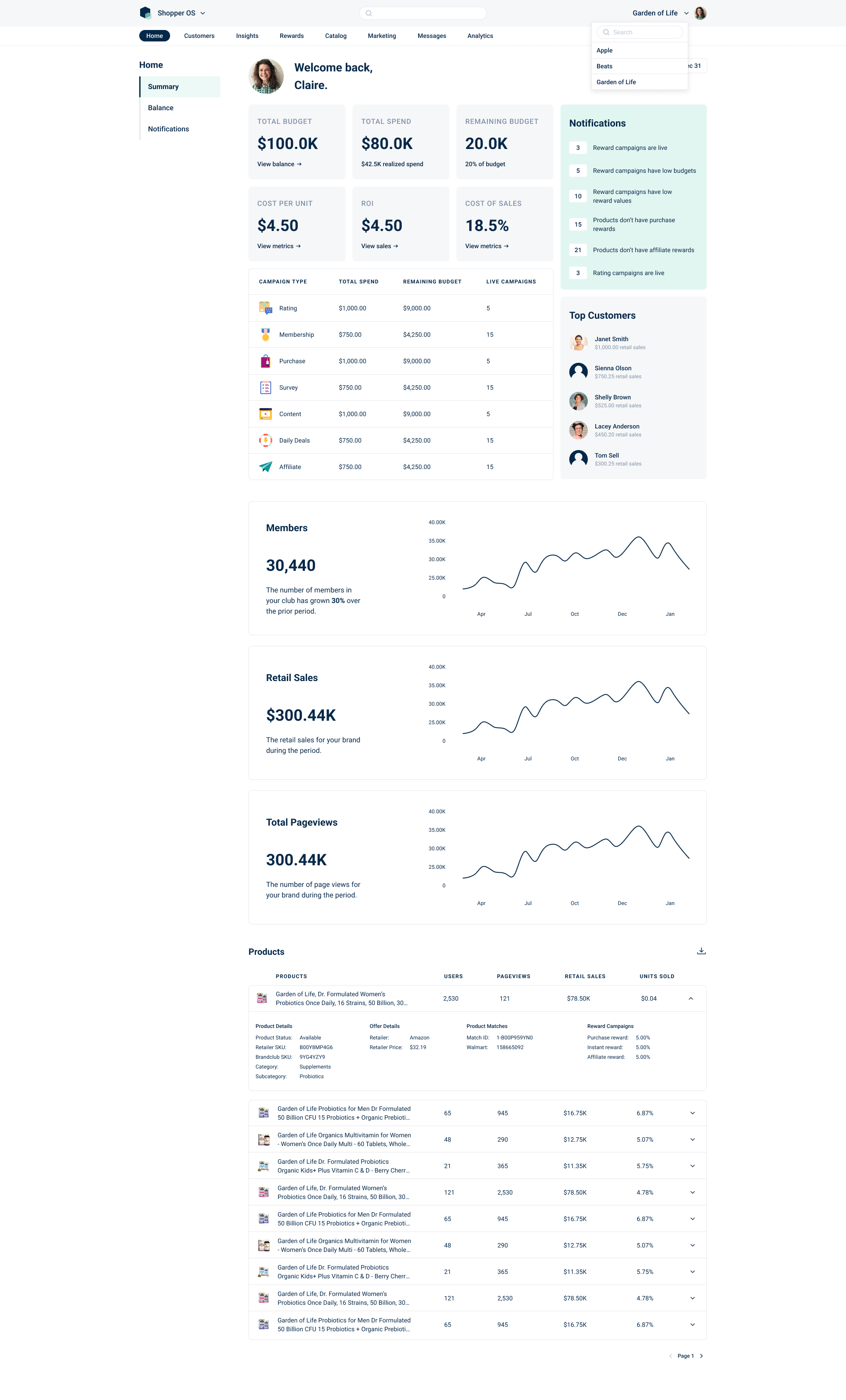 Screenshot of a business analytics dashboard displaying financial metrics, customer data, sales graphs, and product information.