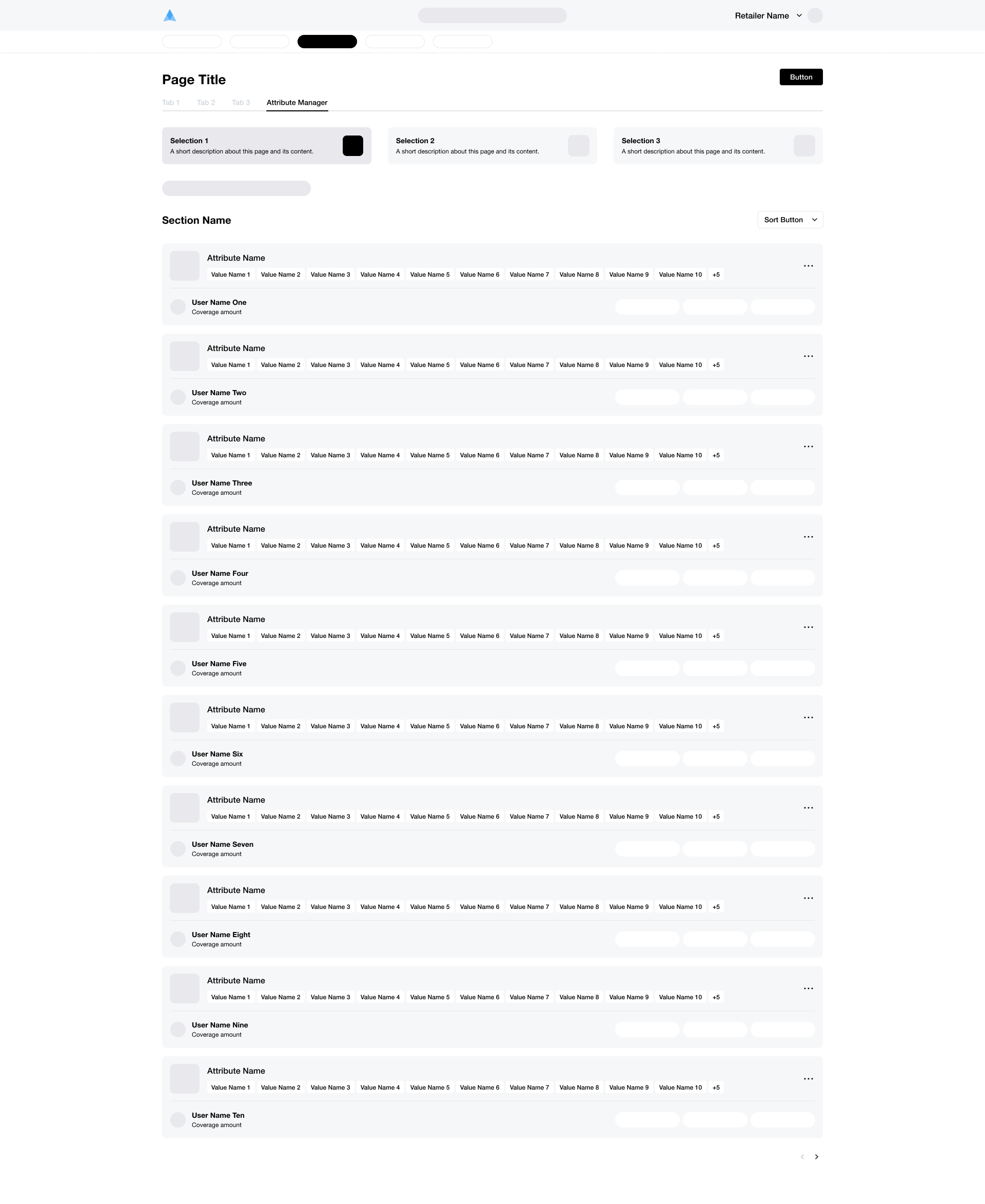 A screenshot of a web-based software interface displaying a table with multiple rows and columns, including attribute names and user coverage amounts. The interface has a minimalistic design with navigation elements, tabs, action buttons, and dropdow