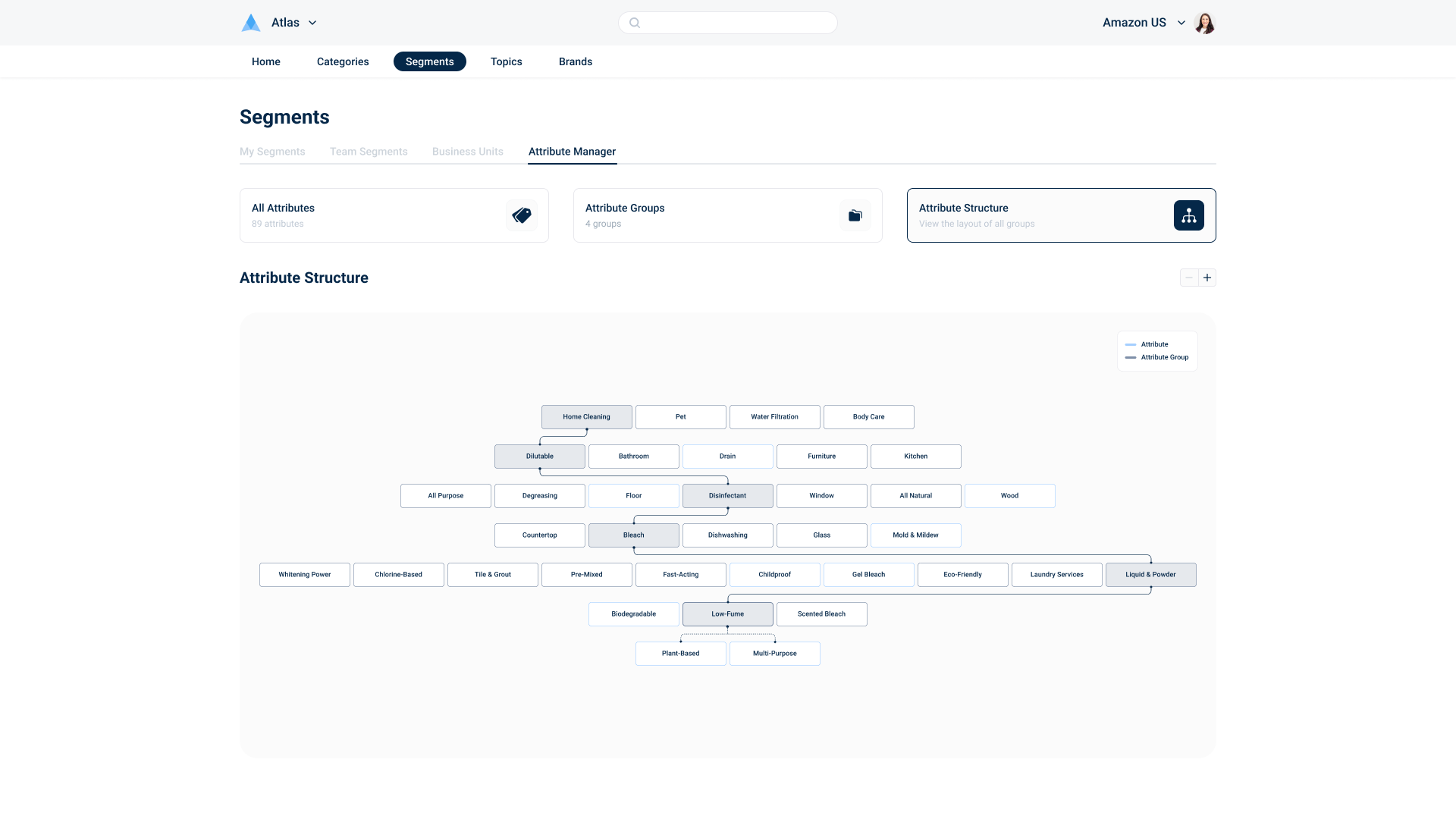 Screenshot of a web interface showing attribute structure for home cleaning products, organized as a hierarchical diagram with categories like bleach, disinfectant, and eco-friendly, among others.