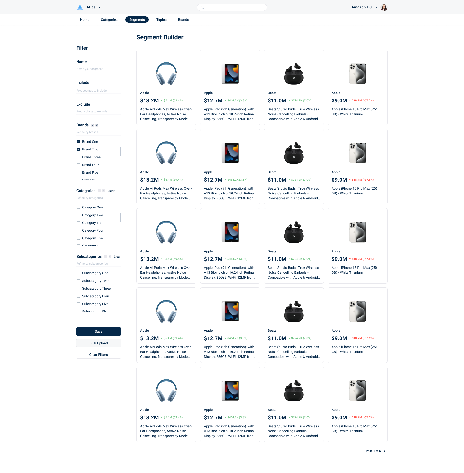 Screenshot of an online product segmentation and filtering interface for electronic devices, with categories like headphones, tablets, earbuds, and smartphones.