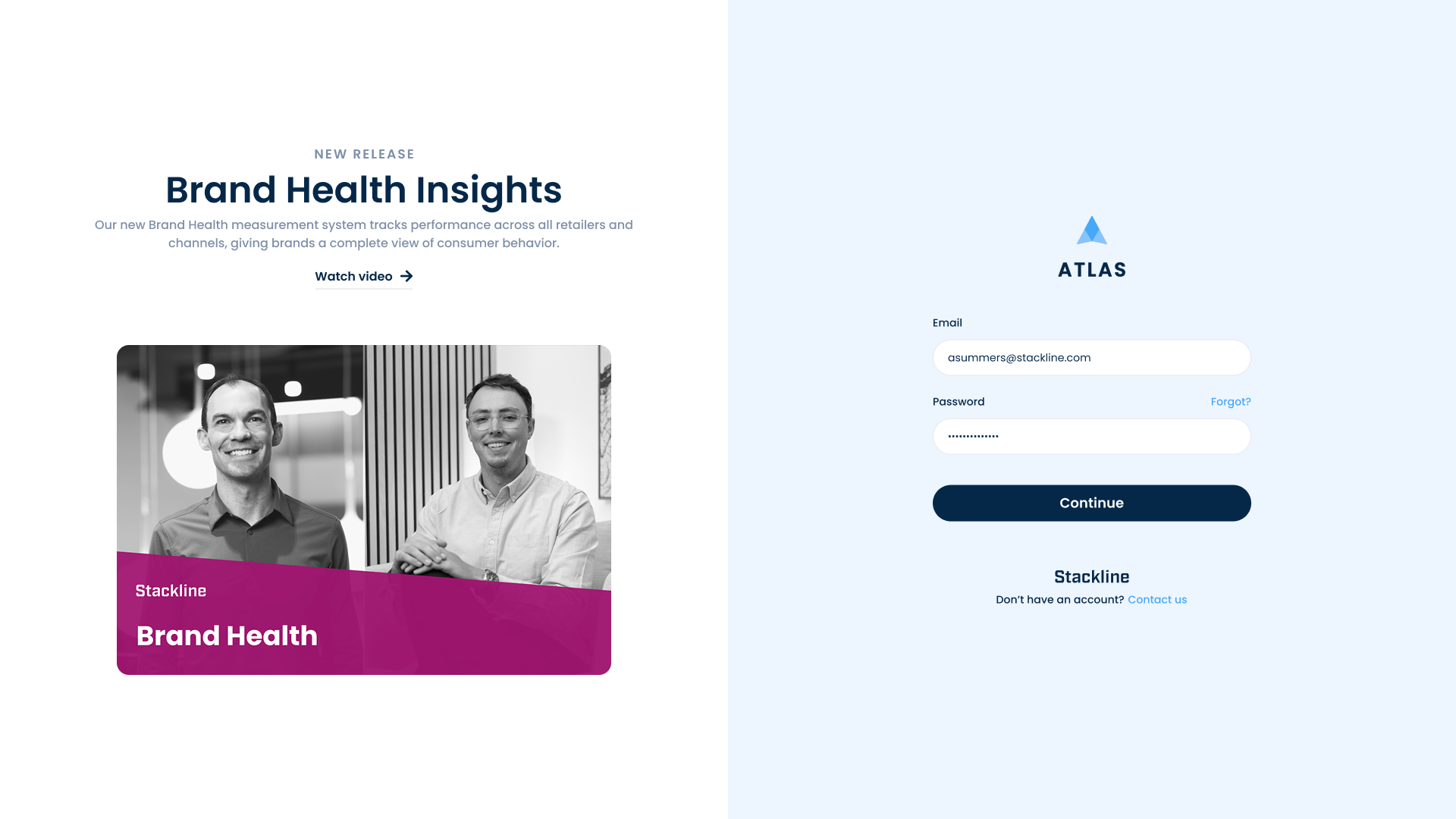 Screenshot of a webpage promoting a brand health measurement system, featuring a login form on the right side, a video link, and a promotional section with a photo of two smiling men on the left.