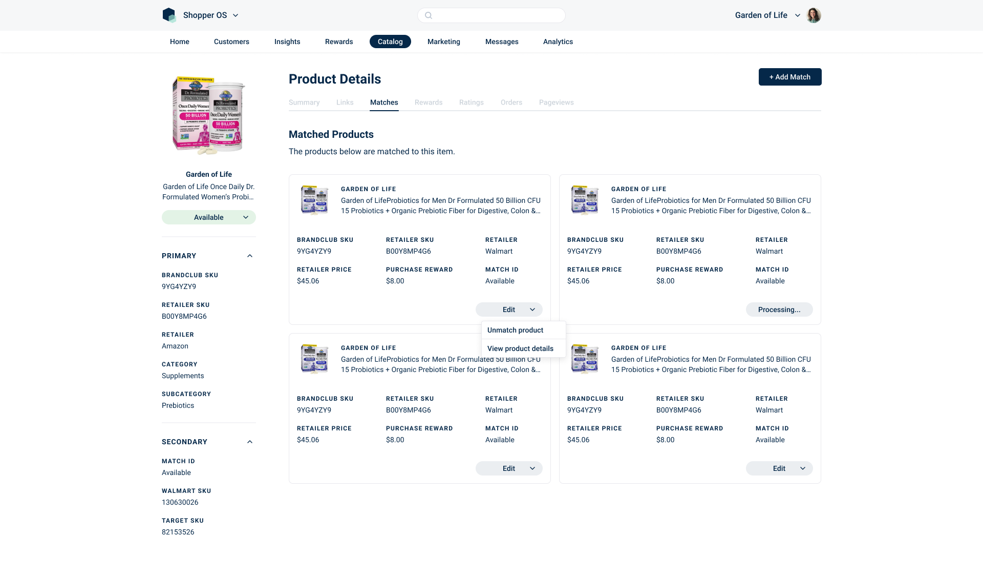Computer screen displaying an online store with probiotic supplement products, including images, product details, and matching information.