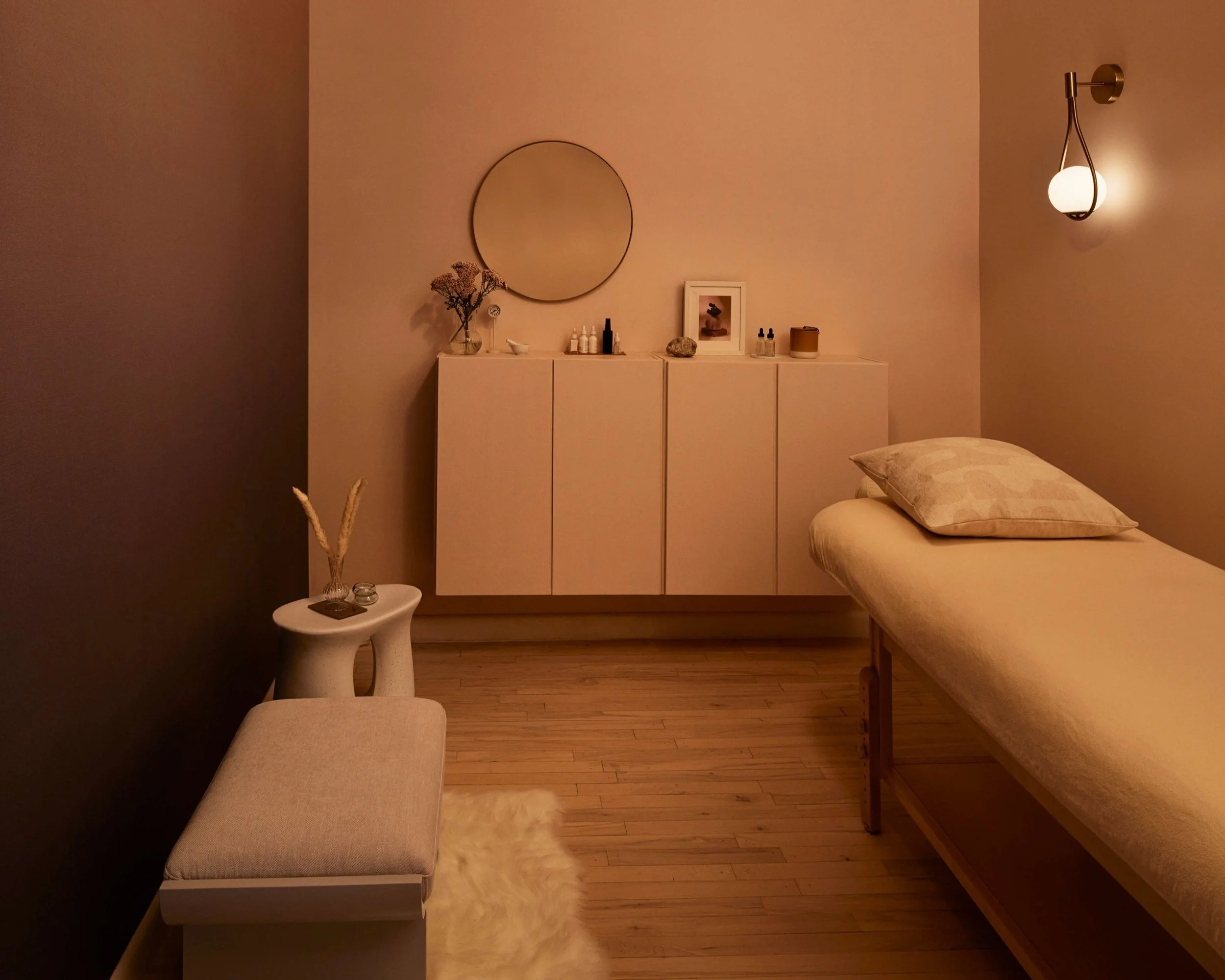 A gorgeous holistic practitioner room that is available to rent at Moxi Spa NYC