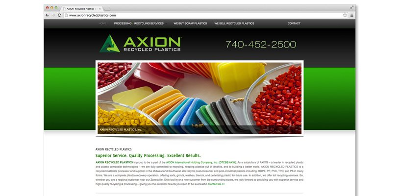 Example of Website Design and Production, a Home page design and layout with navigation graphics for Axion International – designed by SP STUDIOS.