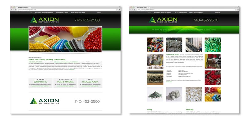 Example of Website Design and Production, a Home page design and layout with navigation graphics for Axion Recycled Plastics – designed by SP STUDIOS.