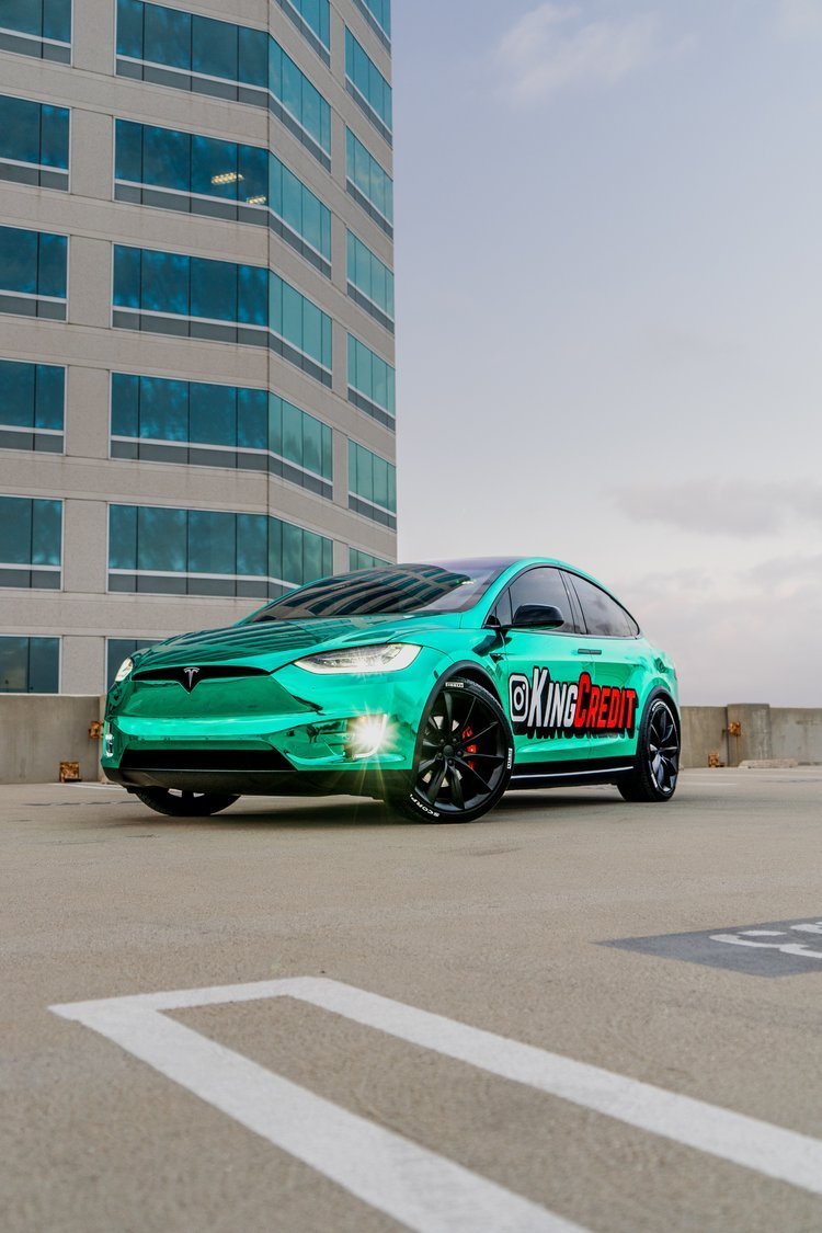 Premium Hexis s Turquoise Chrome on Tesla Model X Wrapped in Hexis