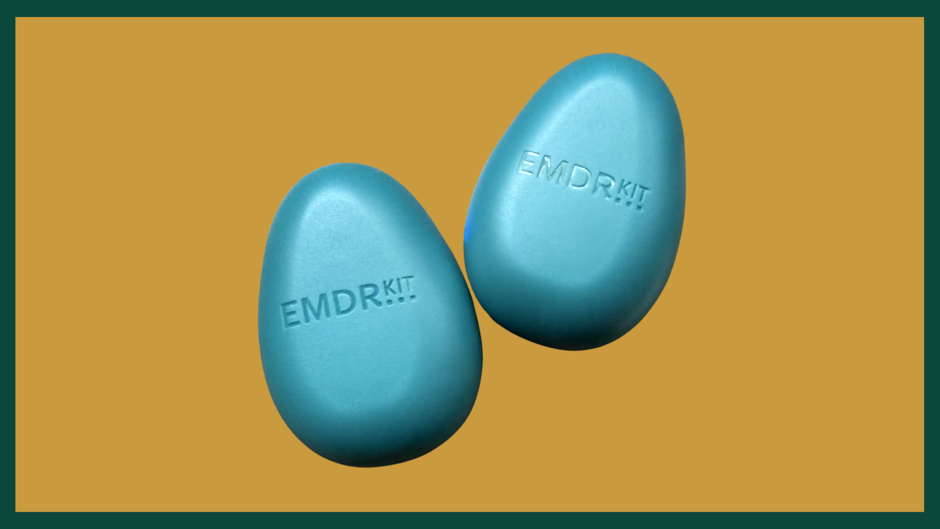 Image of EMDR Pulsers - Used to gently vibrate opposite hands for bilateral stimulation. The pulsers are teal and shown on a mustard gold background.