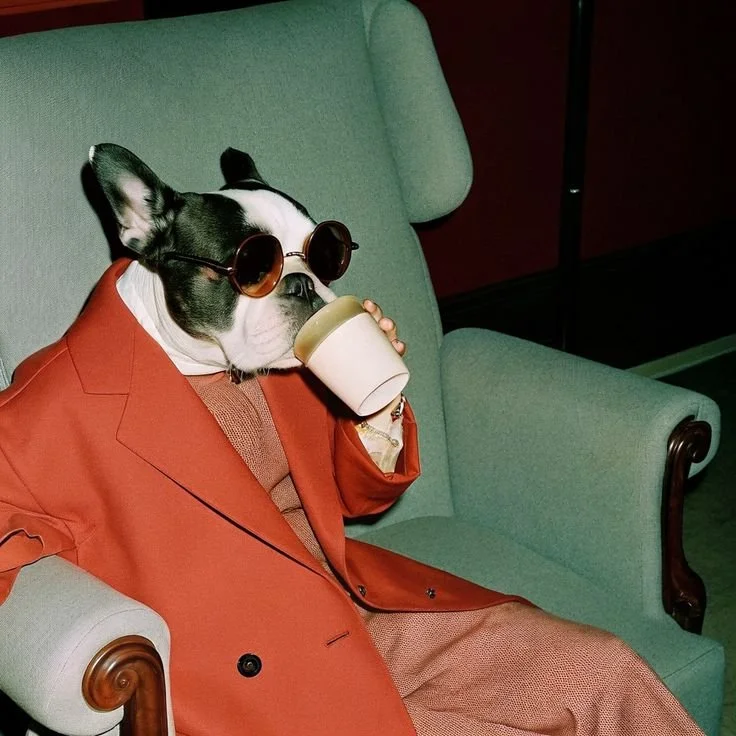 Collage illustration of stylish dog drinking coffee — Neighbours Café Tofino BC