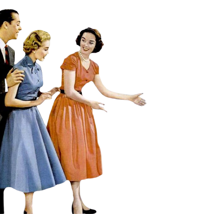 Vintage illustration of woman welcoming neighbours — contact Neighbours Café and Provisions Tofino BC