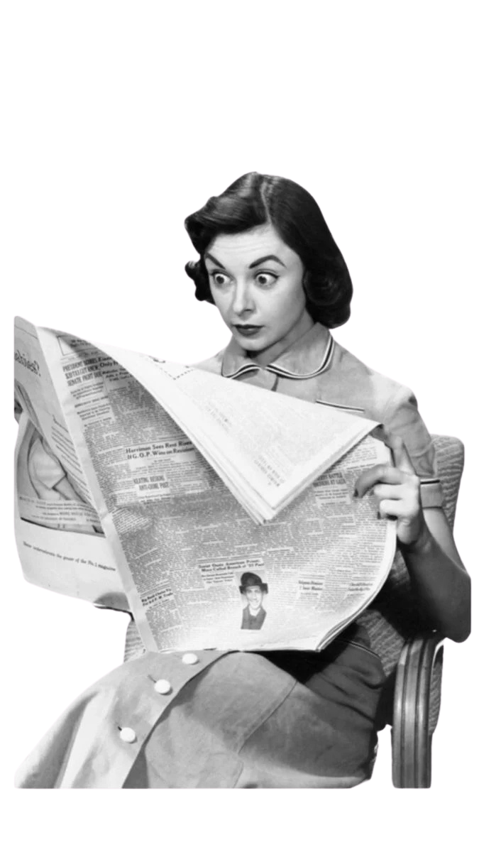 Vintage collage of woman reading newspaper — community hub Tofino BC