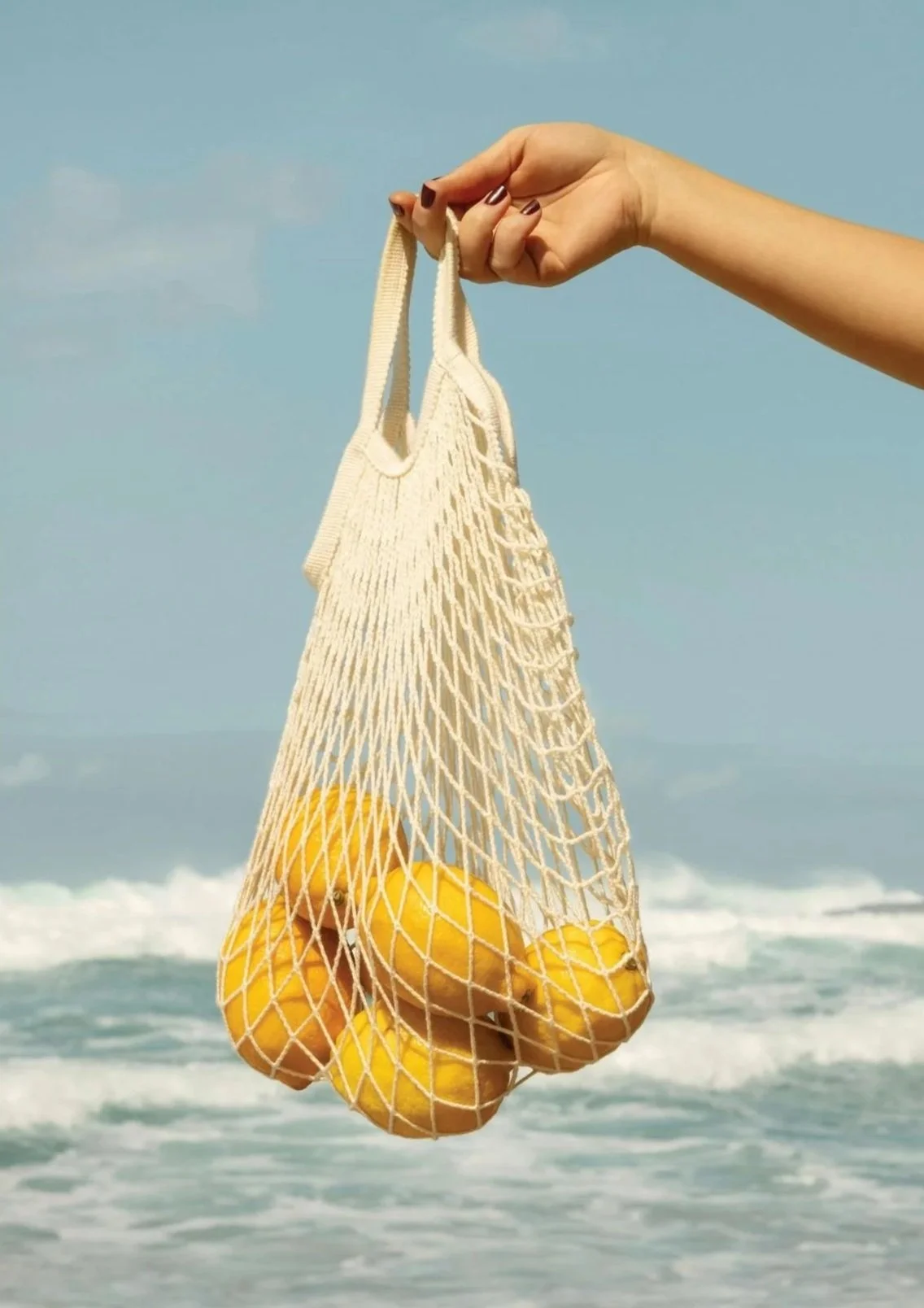Cotton mesh tote bag full of fresh lemons with ocean background — fresh produce Neighbours Tofino BC