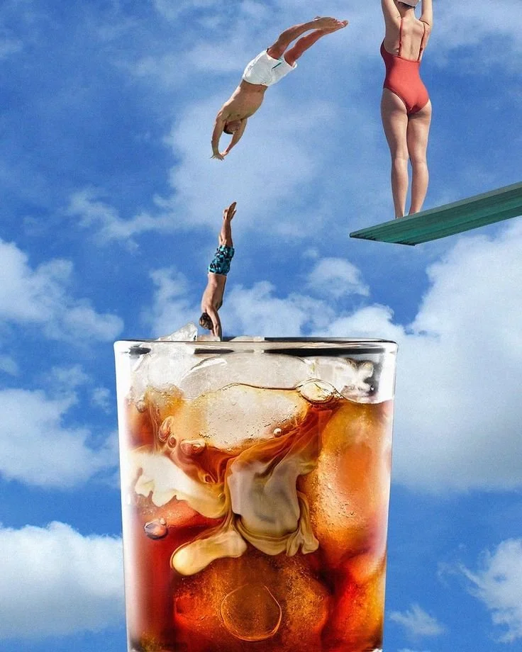 Retro collage of divers jumping into iced coffee glass — Neighbours Café Tofino