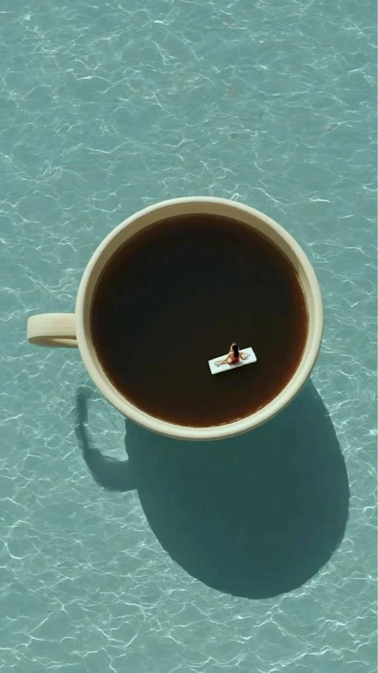 Surreal collage of woman on beach blanket inside a coffee cup with ocean background — Neighbours Café Tofino BC