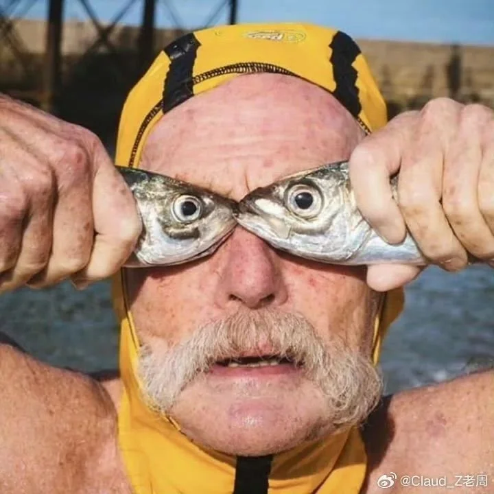 Humorous collage of man holding fish up to his eyes — local seafood Neighbours Tofino