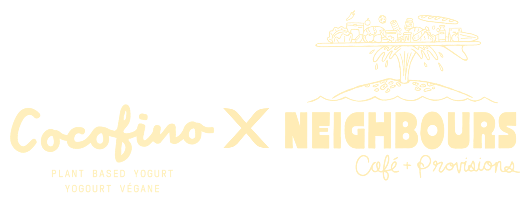 Neighbours and Cocofino collaboration logo featuring a whale blowing sandwiches, coffee and groceries from its blowhole — Tofino BC