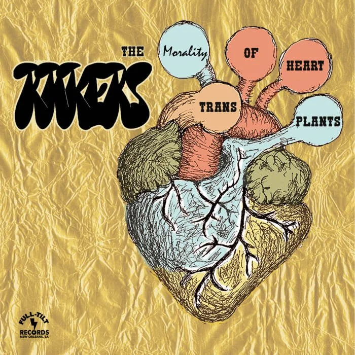 An illustration of a human heart with labeled organs and settings on top reading "The Morality of Heart Plants" against a crumpled gold background, with a small logo for Full Tilt Records in the lower left corner.
