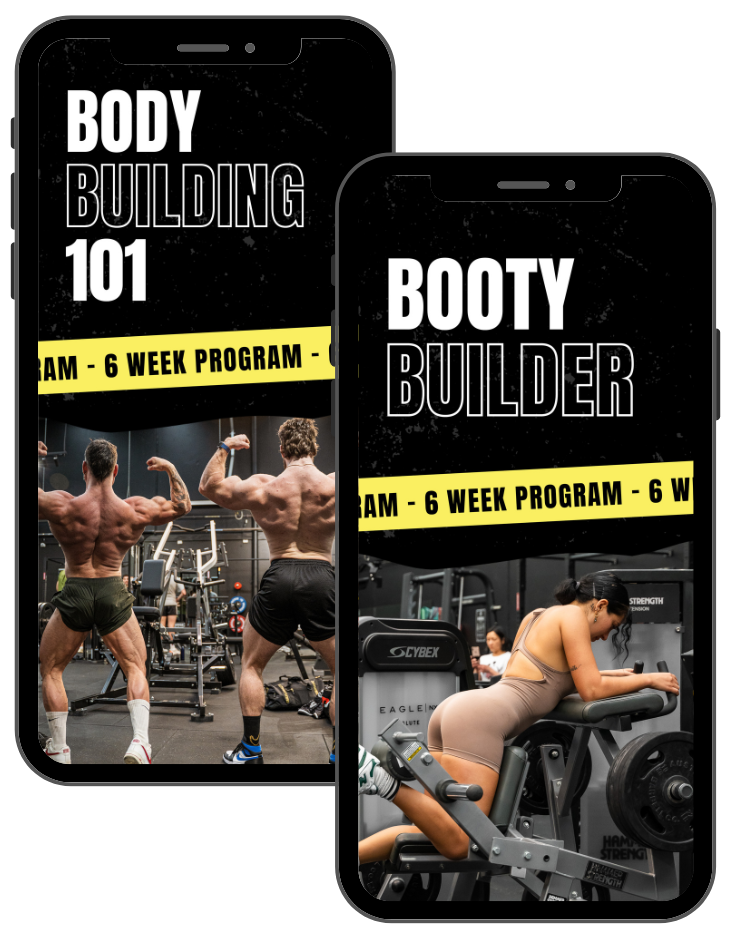 Two smartphones display fitness program advertisements. The first shows two muscular men flexing in a gym with the headline "BODY BUILDING 101" and a yellow banner stating "6 WEEK PROGRAM". The second shows a woman using gym equipment, with the headline "BOOTY BUILDER" and the same yellow banner.