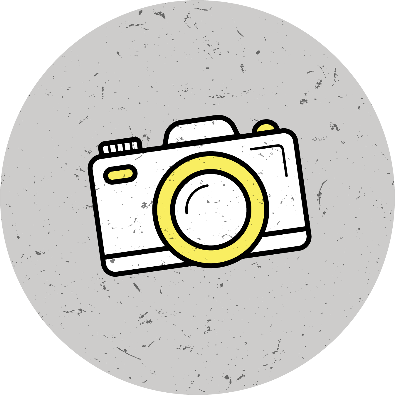 Illustration of a camera with a yellow lens on a gray textured background