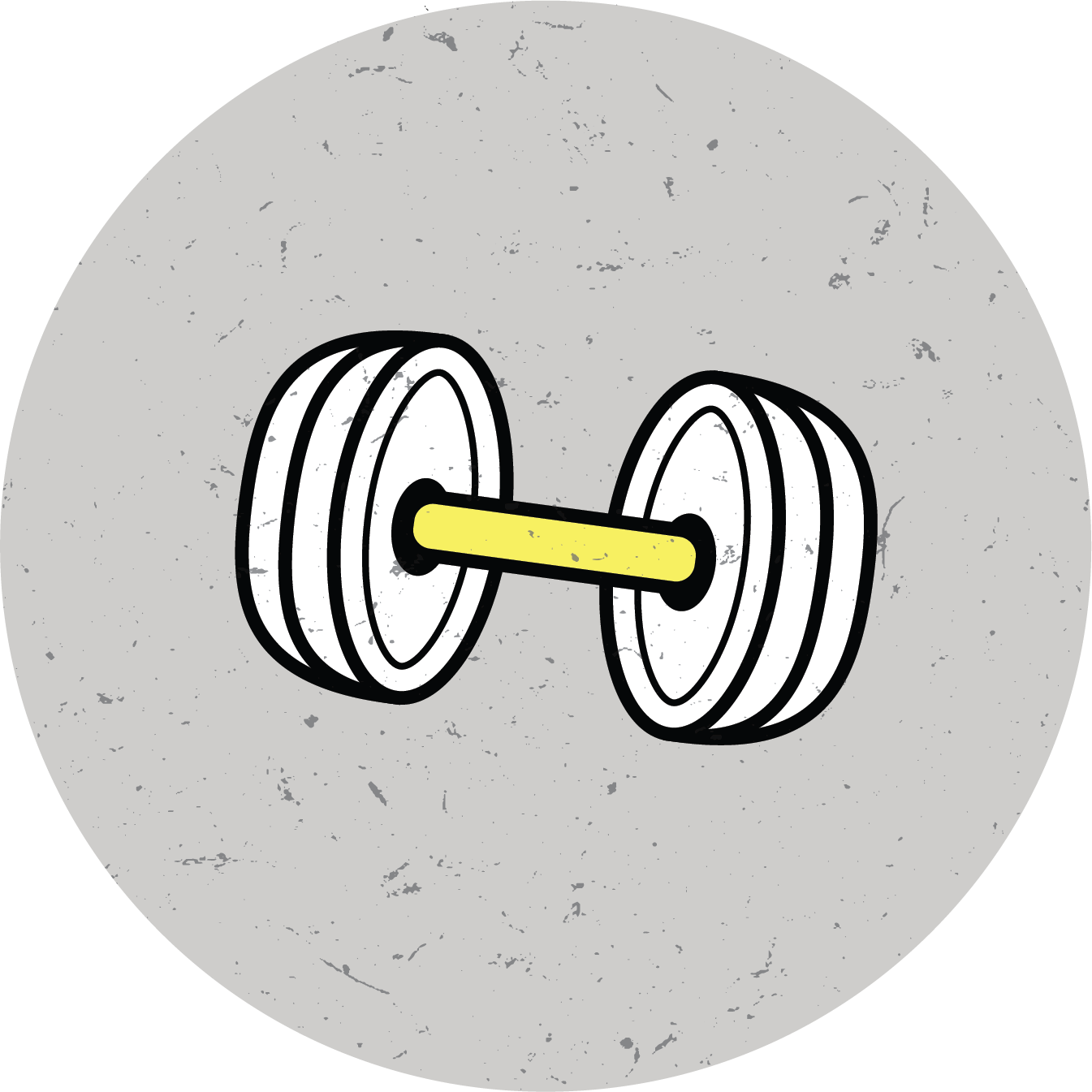 An illustration of a dumbbell with two black and white wheels on either side, connected by a yellow handle, on a gray textured background.