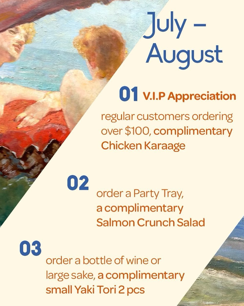🎉🍣 Ongoing Promotion Alert! 🍣🎉

🍶 Want to add some cheer to your gathering? Choose our large bottle of sake or opt for our party tray, and discover the complimentary surprise specially curated to complement your festivities! 🍶🎈

 🎁 It's our w