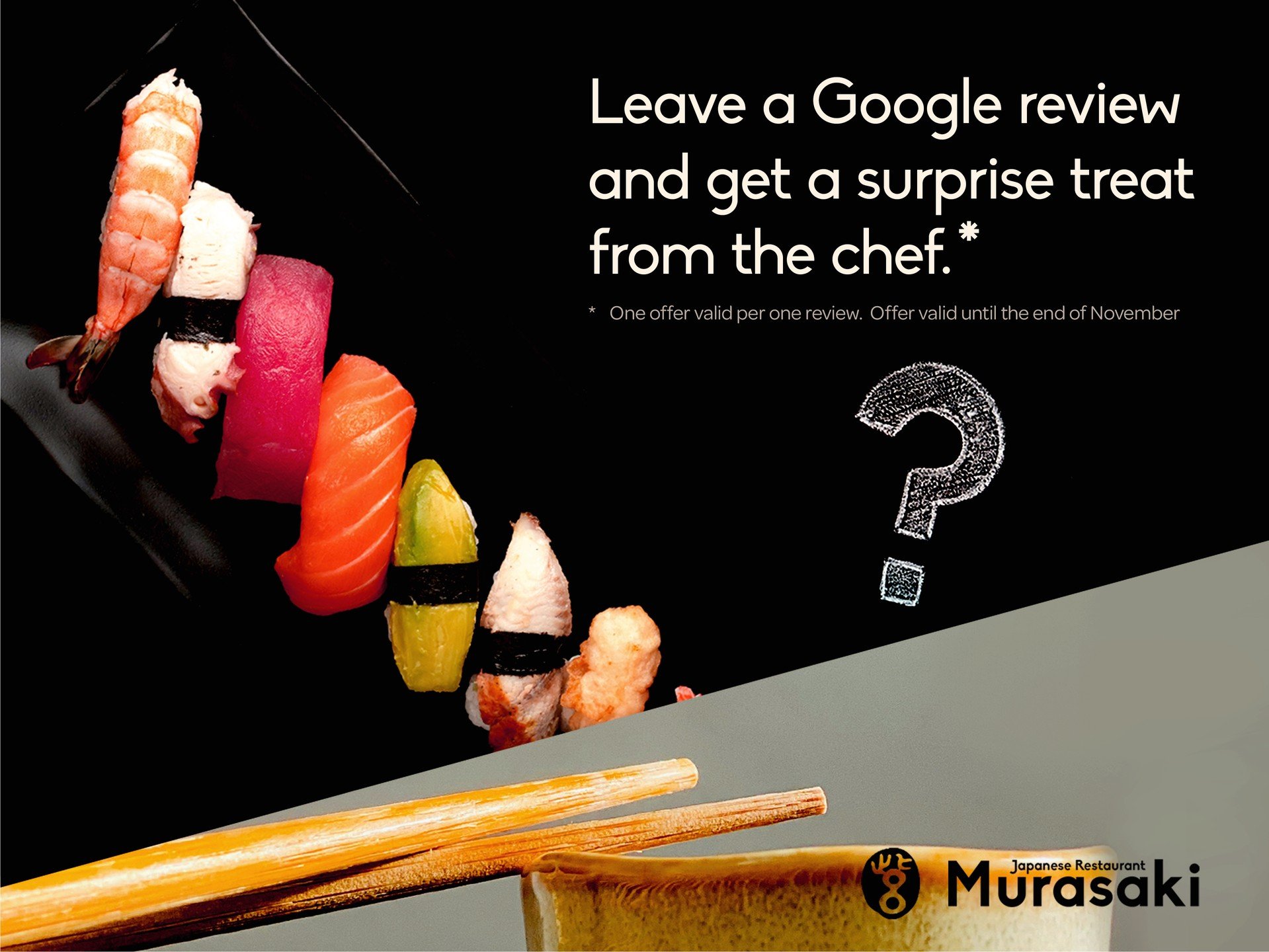Love surprises? Please leave us a Google review and get a mystery treat from the chef! 🎁🍣✨ Taste the unexpected at Murasaki. 

#SurpriseTreat #Murasaki #murasakiJapaneseRestaurant #portmoody #japaneserestaurant #PortMoodyEats