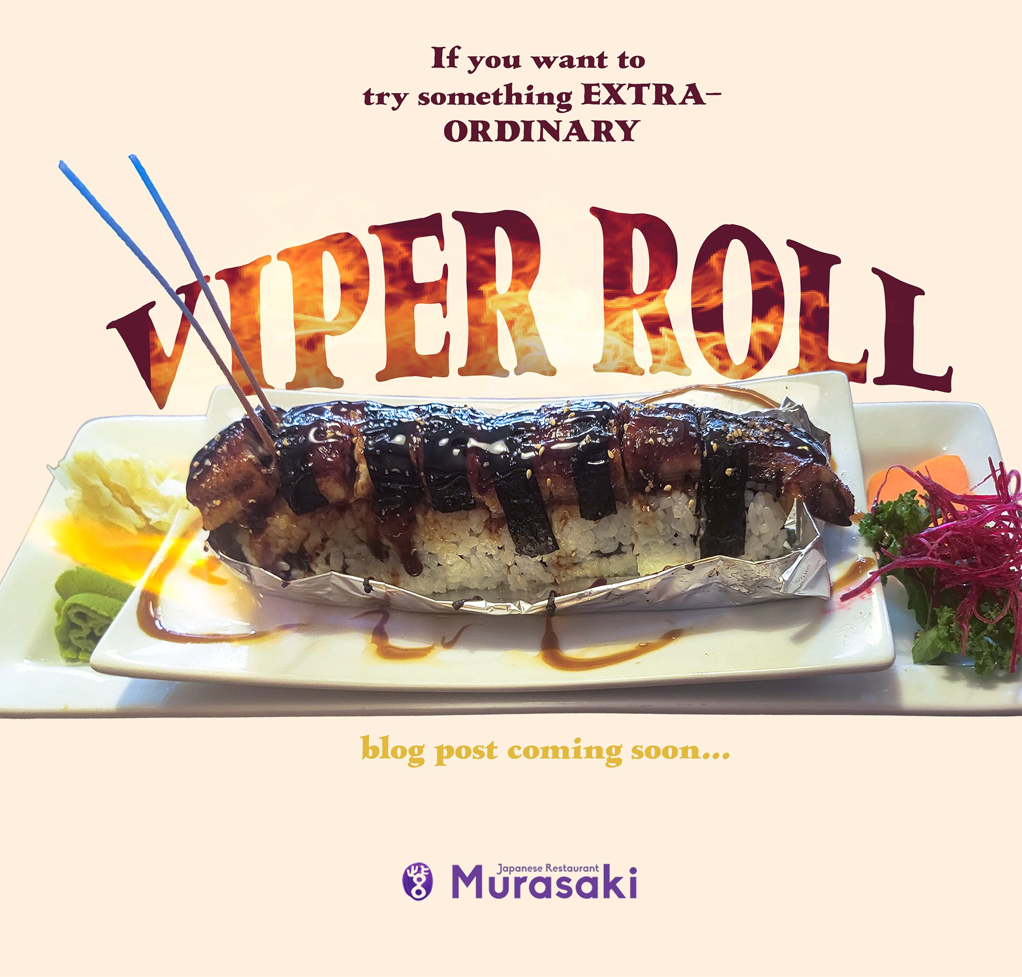 🔥 Introducing the Viper Roll 🔥✨ Extra-ordinary. Bold. Delicious.
Not your everyday sushi roll &ndash; this one comes alive with fire!
Made with real crab meat, creamy avocado, inari, and unagi &ndash; then torched right before your eyes for a smoky