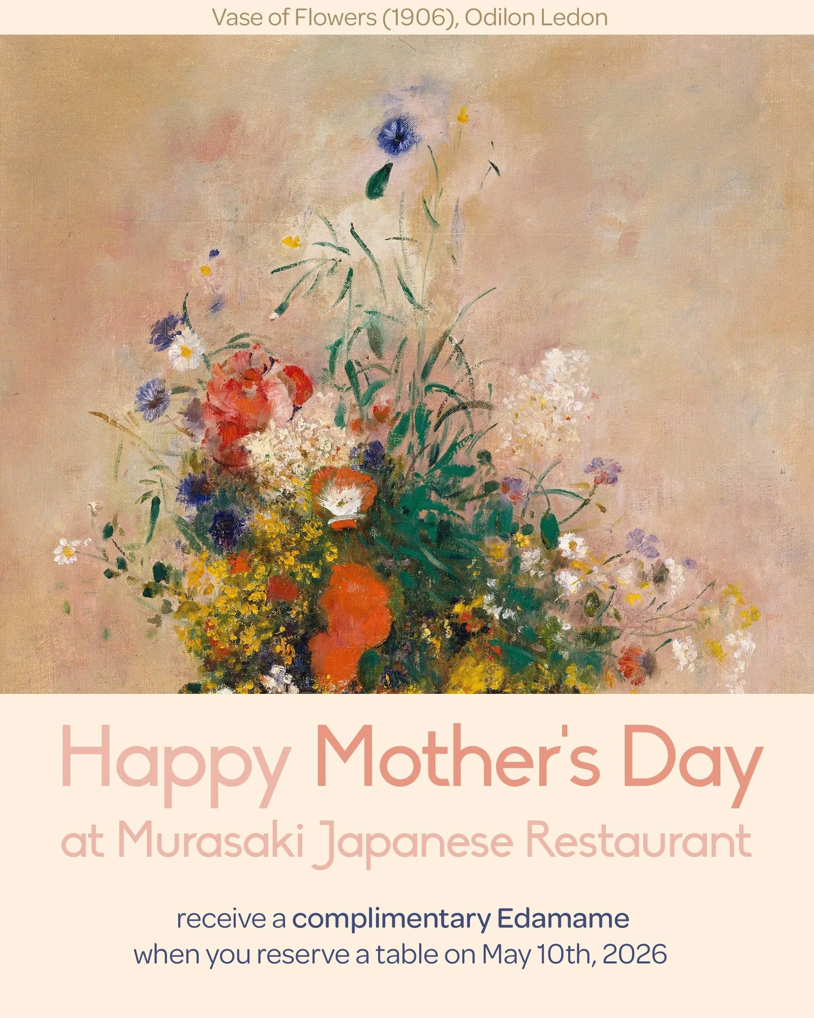 This Mother&rsquo;s Day, treat mom to a warm and relaxing meal together at Murasaki Japanese Restaurant 🌸
Whether it&rsquo;s a family dinner, a quiet lunch, or simply time spent together, on May 10, receive a complimentary edamame with your table re