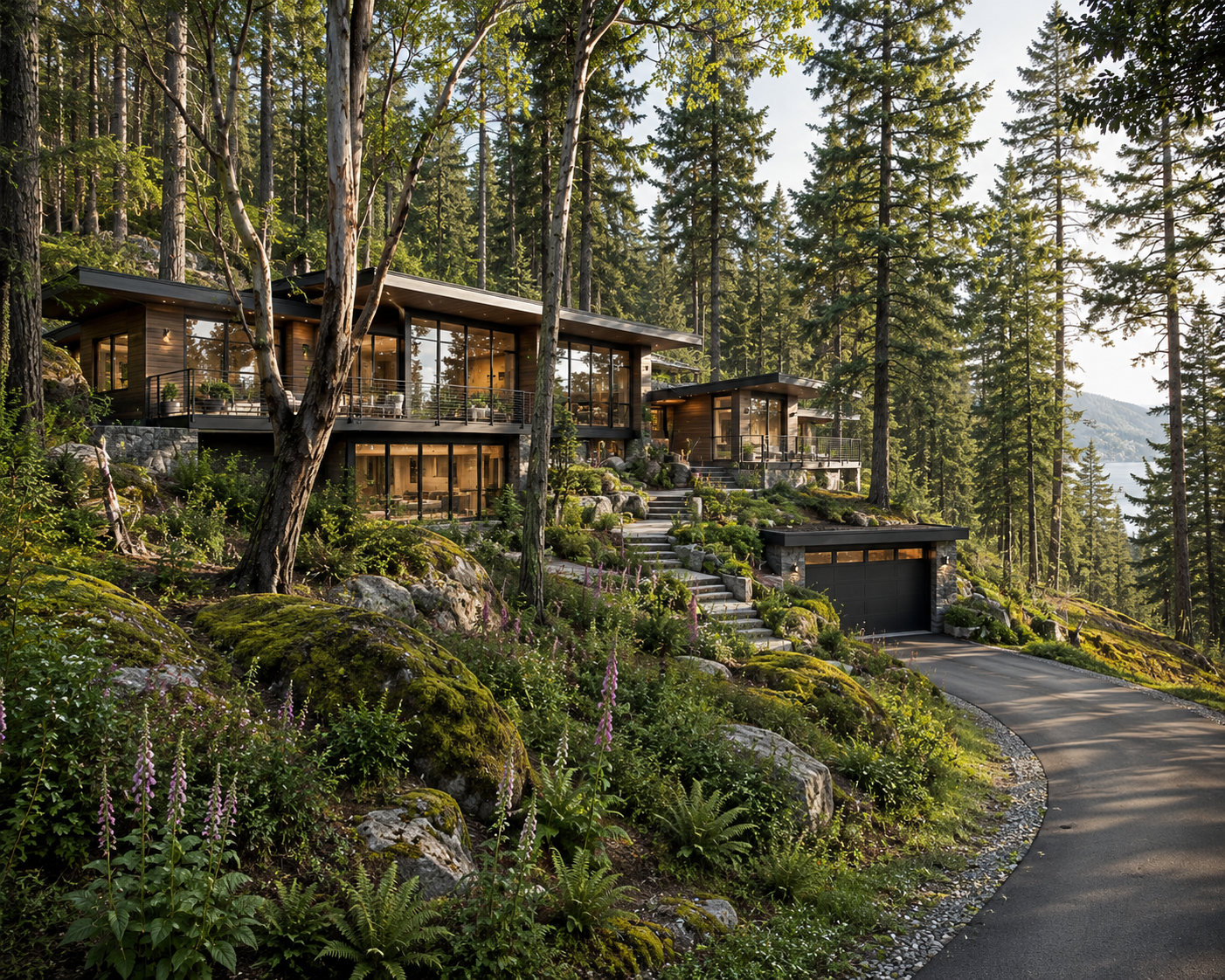 Modern house built on a hillside in a forested area with tall trees and a winding driveway leading to a garage. Towering West Coast forest at Stoney Hill Estates, offering private luxury acreage in Maple Bay, British Columbia.