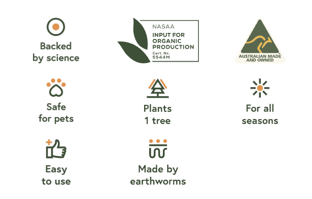 Icons showing the product is backed by science, certified organic, Australian made and owned, safe for pets, plants one tree, for all seasons, easy to use, made by earthworms