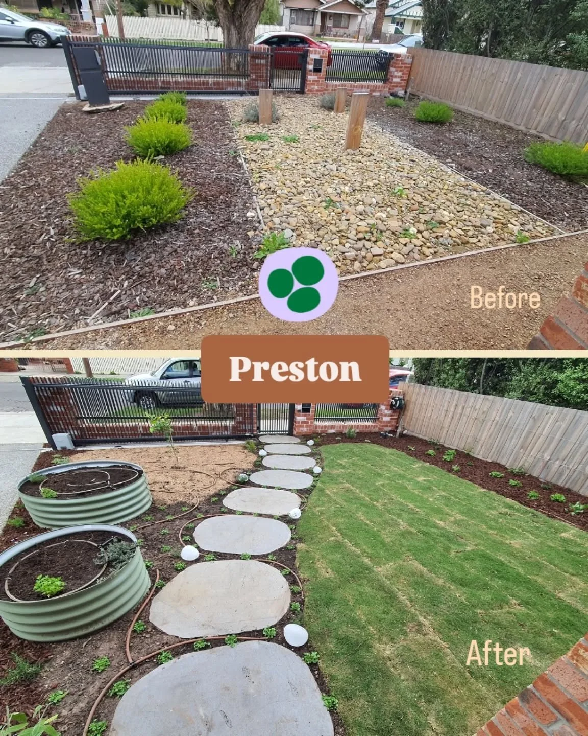 Preston front garden complete, just in time for Halloween (a big deal on this street)!

Before, this former rental was nothing more than a sea of pebbles and mulch with a few lavenders and diosmas. The path was tricky to walk on and the toppings trac