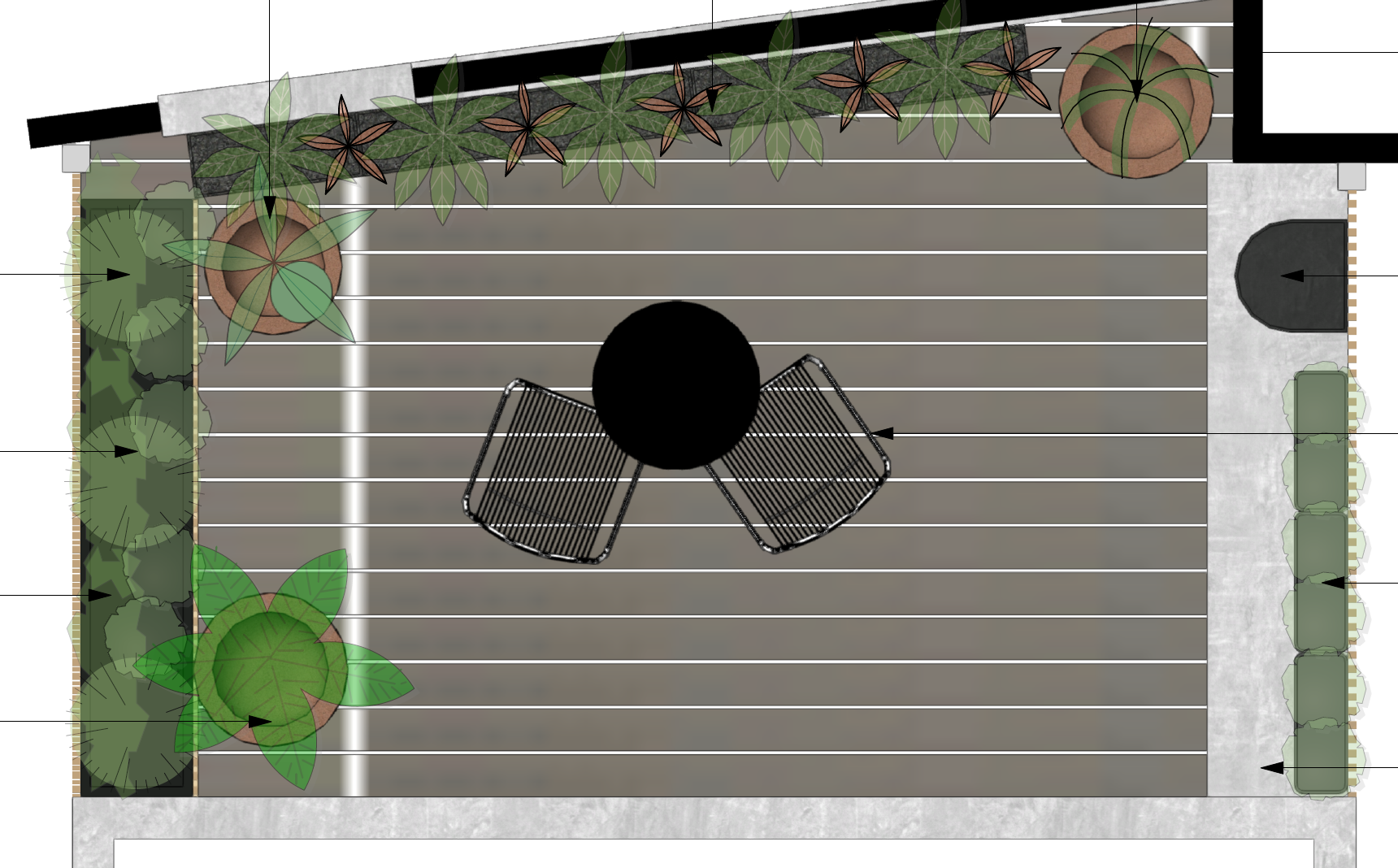 A plan view of a balcony garden design