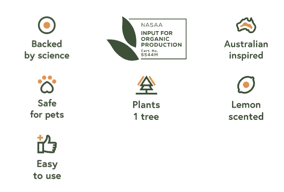 Icons showing the product is backed by science, certified organic, Australian inspired, safe for pets, plants one tree, lemon-scented, easy to use