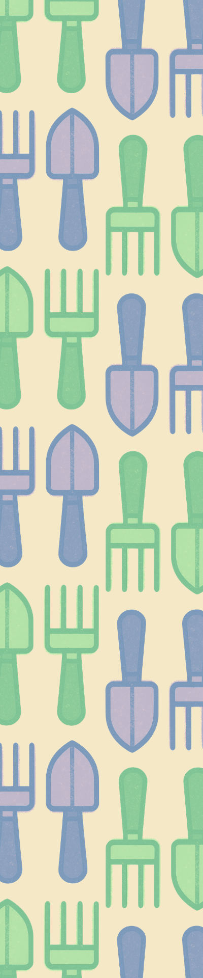 A green and purple pattern of paper with trowel and garden fork