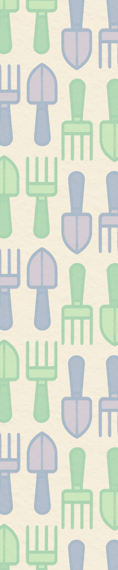 A green and purple pattern of trowel and garden fork