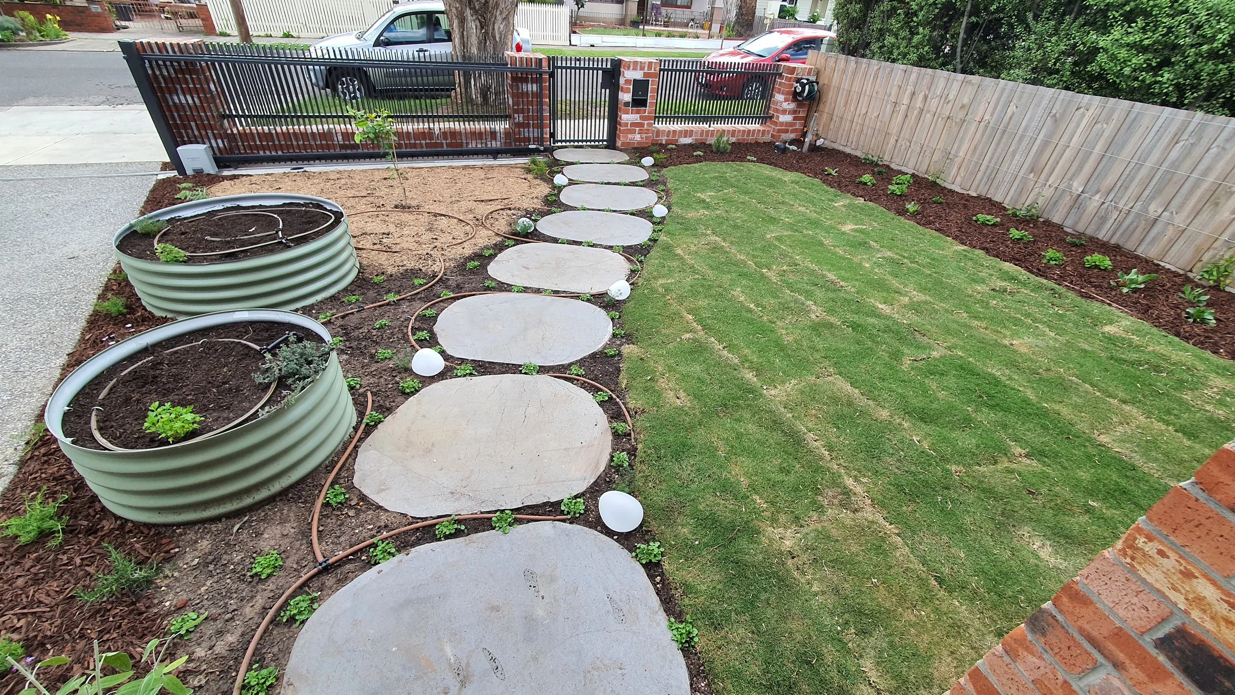 A photo of a just-installed garden with bluestone steppers, raised bds and lawn.