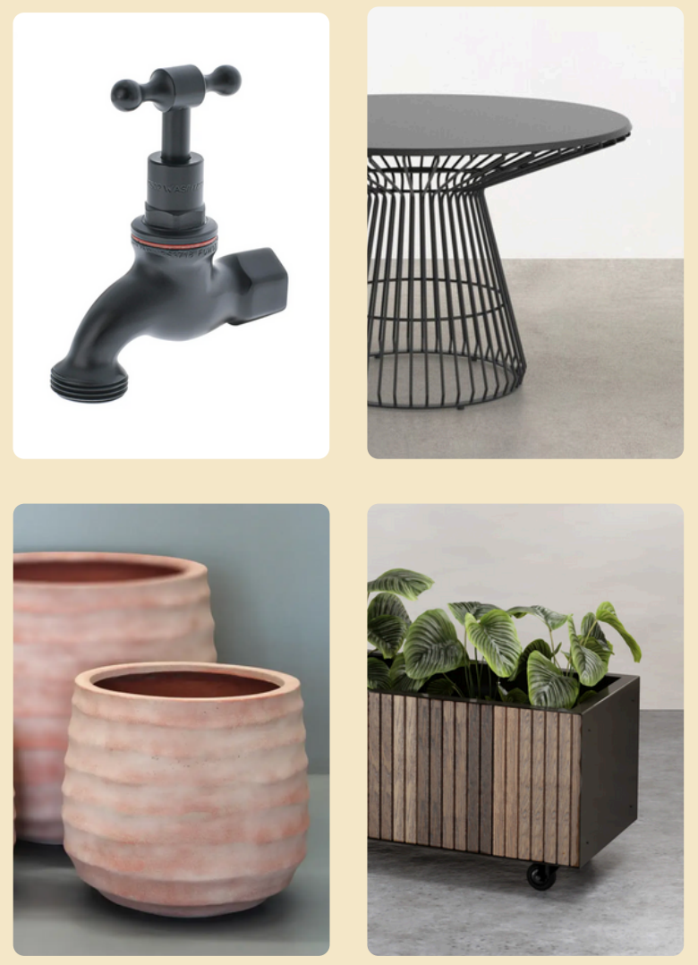 A matte black tap, black metal table, terraota pots and timber-clad planter