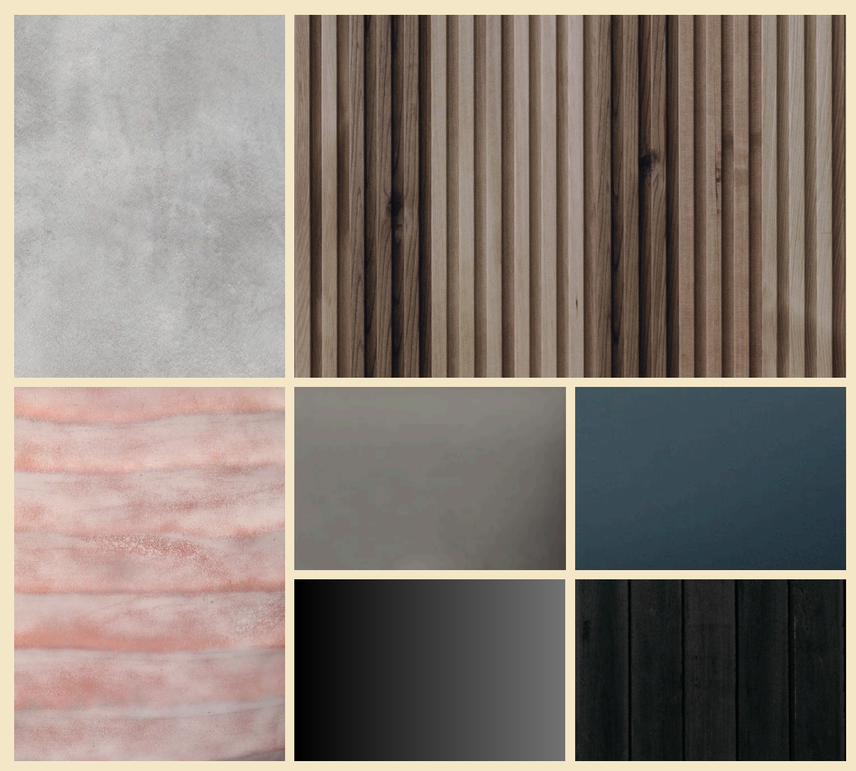 A moodboard of materials including concrete, cedar battens, shou sugi ban timber and terracotta