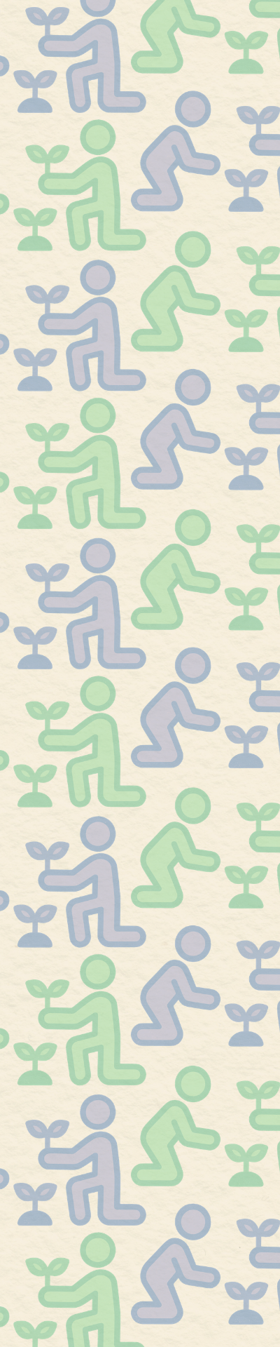 A green and purple pattern of two people gardening