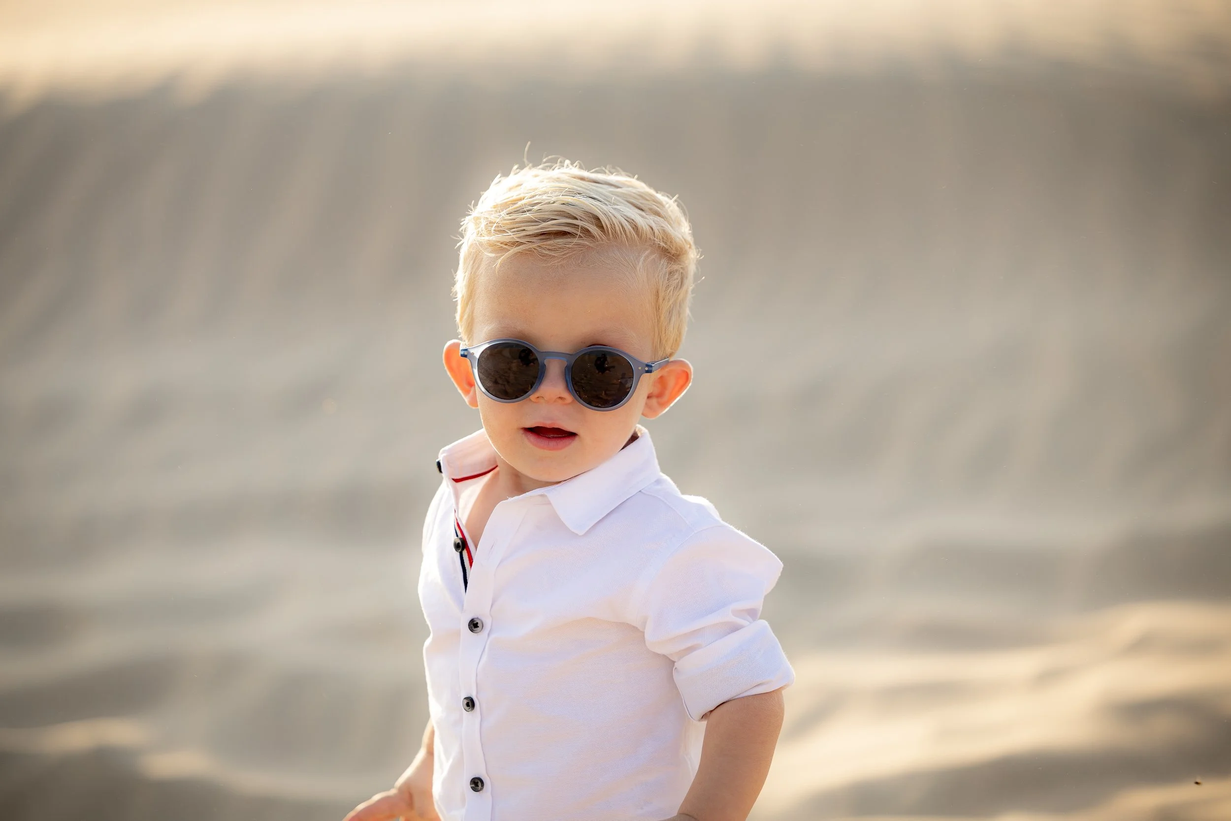 Blonde Toddler in Sunglasses at Golden Hour Desert Lifestyle Portrait Photography.jpg