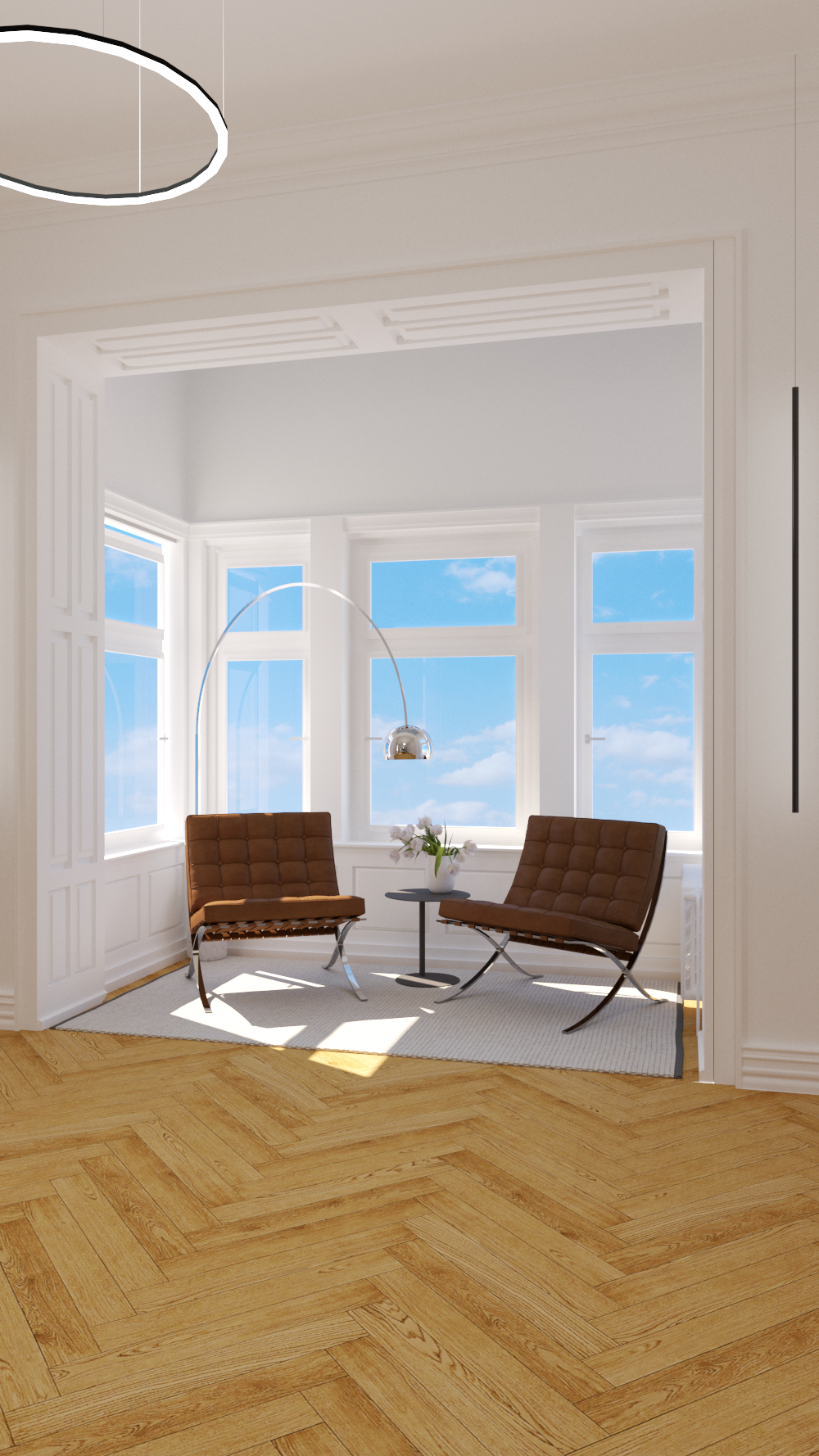3D-Rendering Sitzbereich mit Sesseln vor Erkerfenster