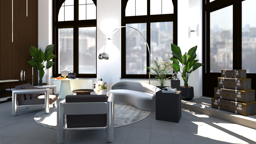 3D-Visualisierung Lounge mit grauem Sofa, Bogenleuchte und Vintage-Koffern
