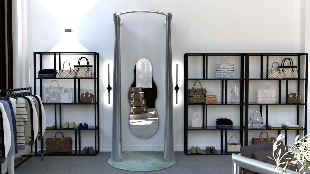 3D-Visualisierung Präsentationsregale mit Taschen und Spiegel