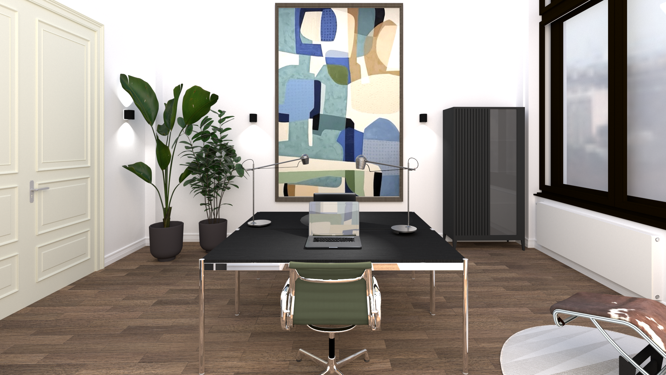 3D-Visualisierung Büro mit schwarzem Schreibtisch und großem farbigem Wandbild, Showroom Halle (Saale)